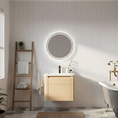 Ebern Designs Wall-mounted bathroom vanity with white ceramic sink and one soft-close door