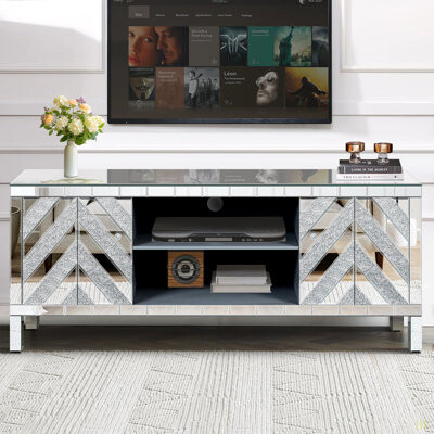 Everly Quinn Mirrored TV Stand For 65+ Inch TV TV Console Table With Open Storage & 2 Storage Cabinets M Shape Sparkling Mirror Doors For Living Room(59''W X 25.
