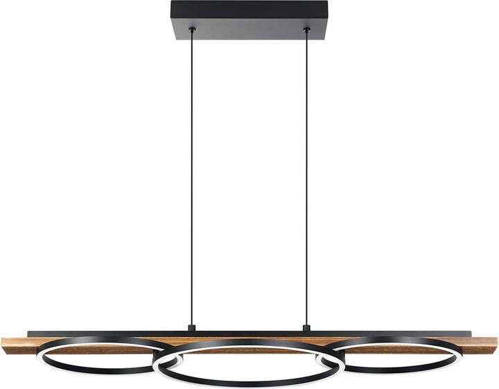 EGLO Boyal 3 Light Integrated Led Pendant With Black & Brushed Pine Wood Finish & Black Shades