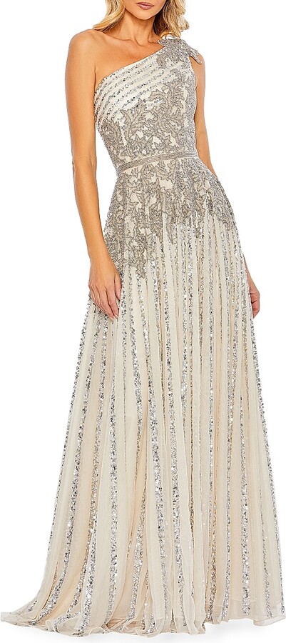 Women's Beaded One-Shoulder A-Line Gown - Silver Beige - Size 4