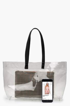 boohoo Clear Shopper & Removable Check Clutch Bag