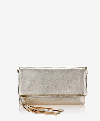 GiGi New York Stella Fold-Over Clutch White Gold Metallic Goatskin