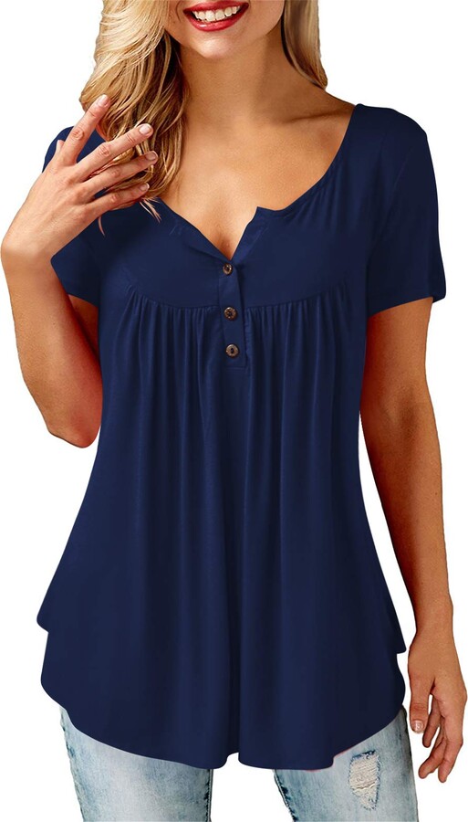 AMORETU Tunic Tops Women Navy Shirt V Neck Top Going Out Tops Short Sleeve  Blouse - ShopStyle