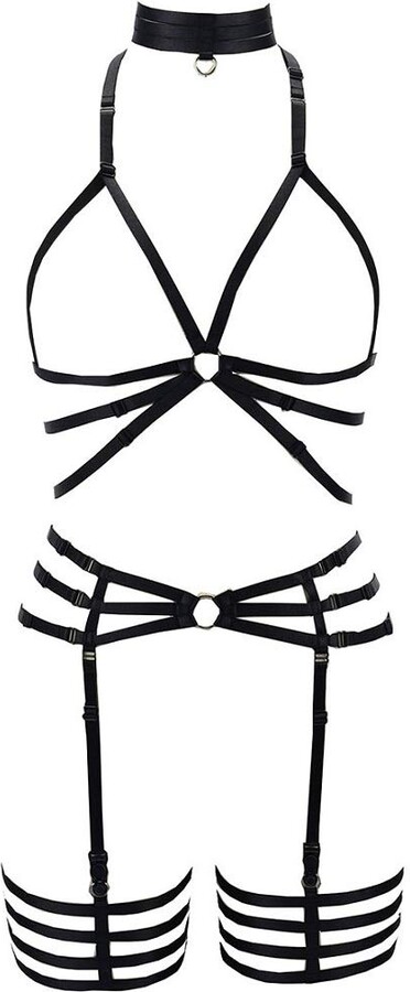 Black Elastic Hollow Out Gothic Harness Cupless Bra 0013 