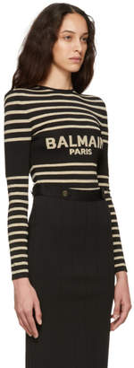 Balmain Black and Gold Striped Logo Bodysuit