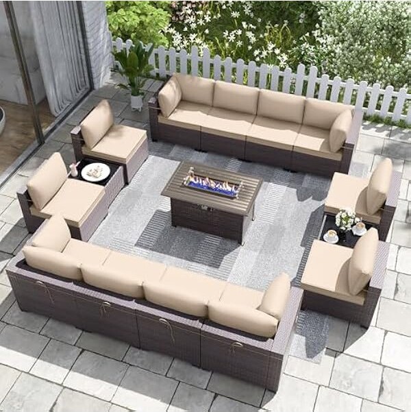 ALAULM15PiecesPatioFurnitureSetRattanWickerOutdoorConversationSetsFurnitureSofaSetw/43inPropaneFirePitTableand4\