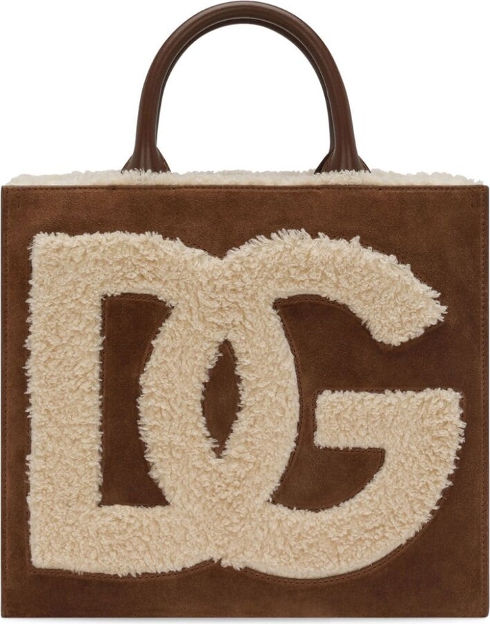 Sicily Medium Faux Shearling Tote Bag in Brown - Dolce Gabbana