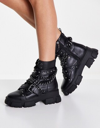 Steve Madden Tranquil chunky leather boots with chain detailing in black -  ShopStyle
