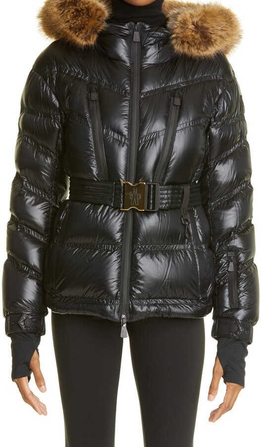 shiny moncler coat with fur hood