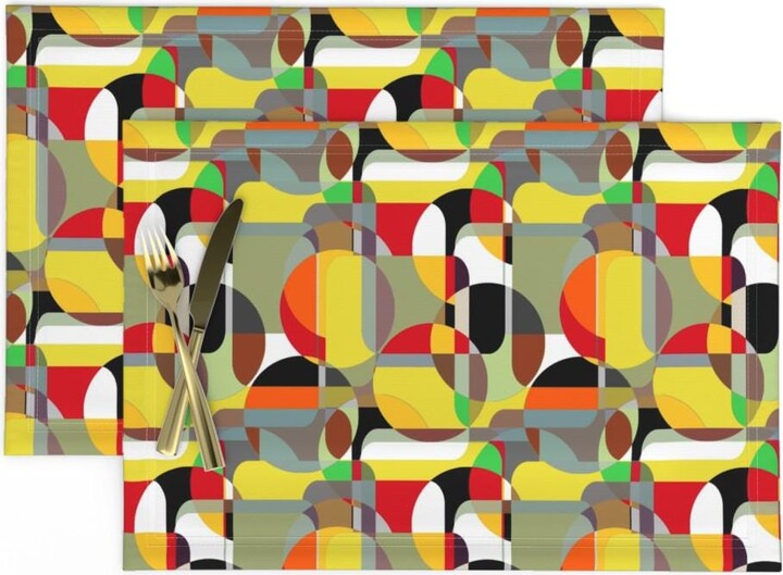 Mod Placemats Set Of 2 - Abstract Geometric Mid Century Yellow Cloth Danish Modern Sixities Vibe By Joanmclemore