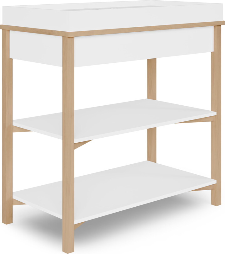 Dream On Me Owen Changing Table in Vintage White Oak, JPMA Certified, with two bottom shelves for storage