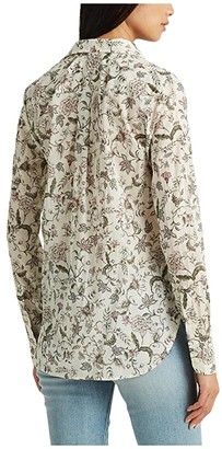 Lauren Ralph Lauren Petite Floral Cotton Shirt (Mascarpone Cream Multi) Women's Long Sleeve Pullover