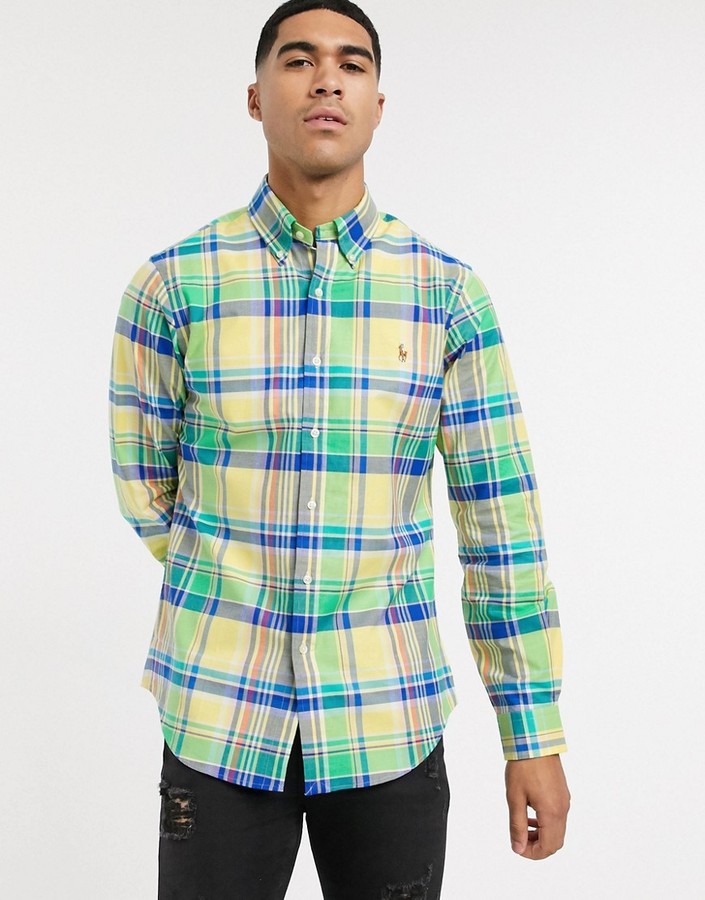Polo Ralph Lauren check stretch oxford shirt slim fit in yellow/green multi  - ShopStyle