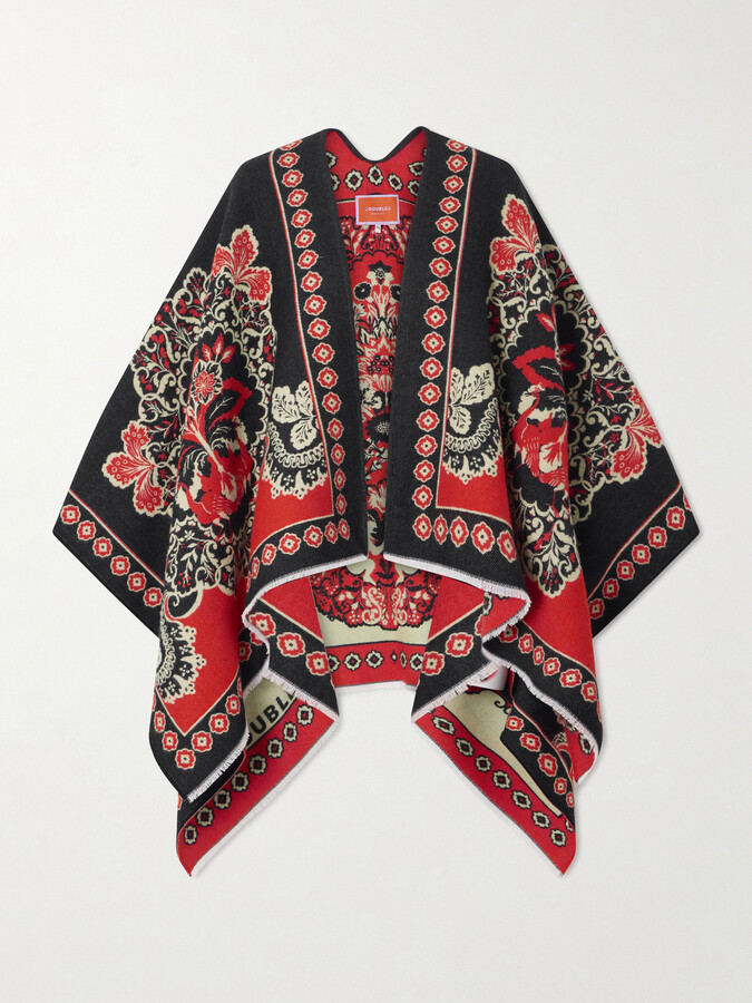 La DoubleJ Soul Frayed Wool And Silk-blend Jacquard Poncho - Red