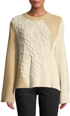 Co Crewneck Long-Sleeve Patchwork Cable-Knit Tunic Sweater