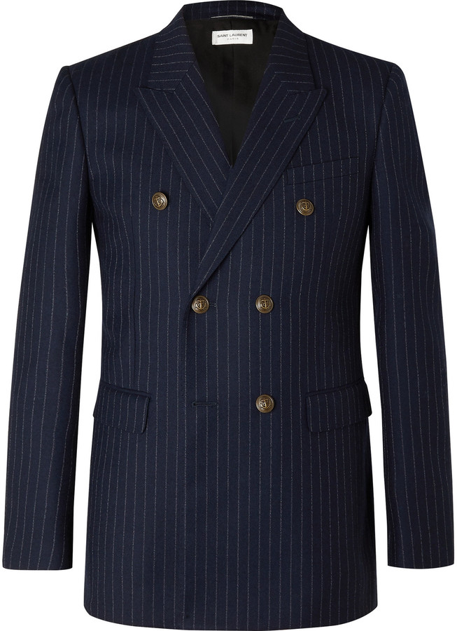 Saint Laurent Double-Breasted Pinstriped Wool-Flannel Blazer - ShopStyle