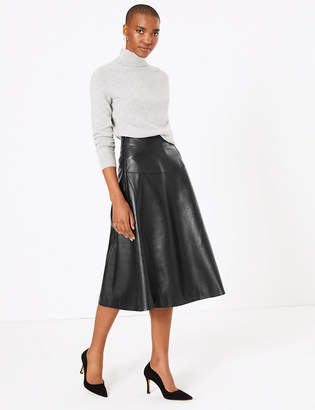 AutographMarks and Spencer Leather Fit & Flare Midi Skirt