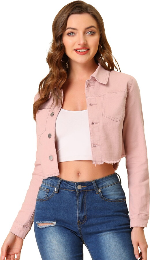 DARING DIVA Women’s Frayed Button Up Washed Cropped Denim Jackets M Pink