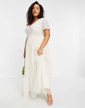 Maya v neck maxi tulle dress with tonal delicate sequin in ecru