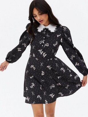 New Look Bow Lace Collar Tea Dress - Black Pattern - ShopStyle
