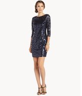 Thumbnail for your product : Aidan Mattox navy mesh woven sequined 3/4 sleeve dress