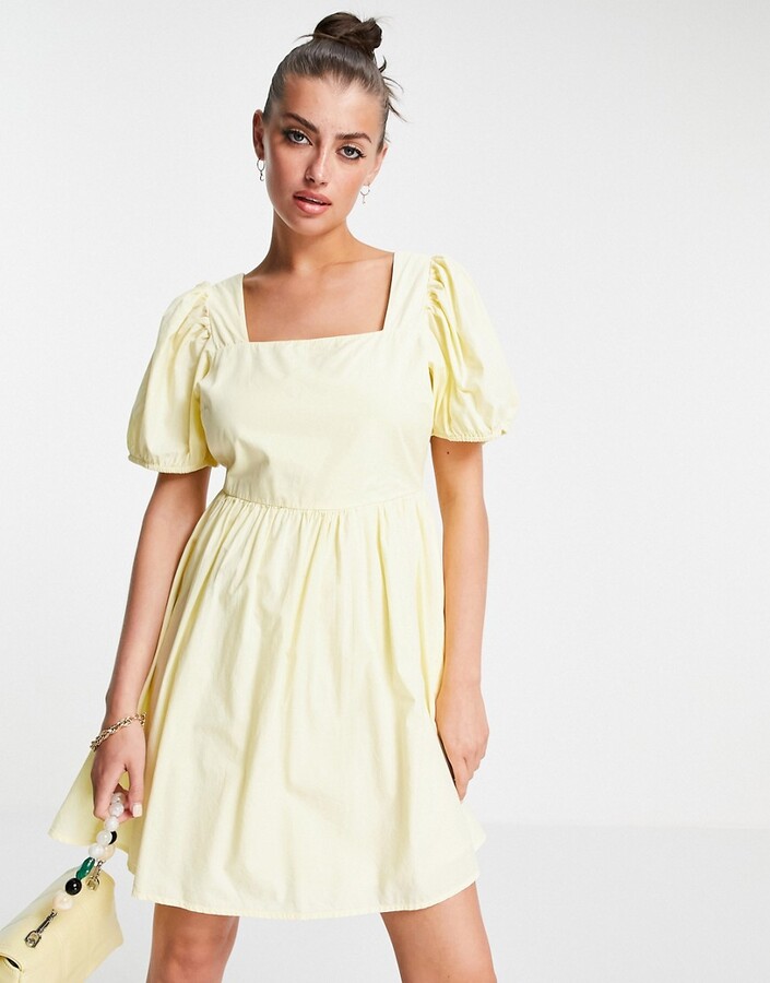 Vero Moda cotton square neck puff sleeve mini dress in yellow - ShopStyle