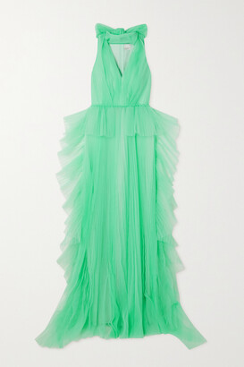 Huishan Zhang Alana Bow-detailed Tiered Tulle Gown - Light green