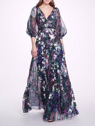 Marchesa Notte Pleated Printed Chiffon Gown