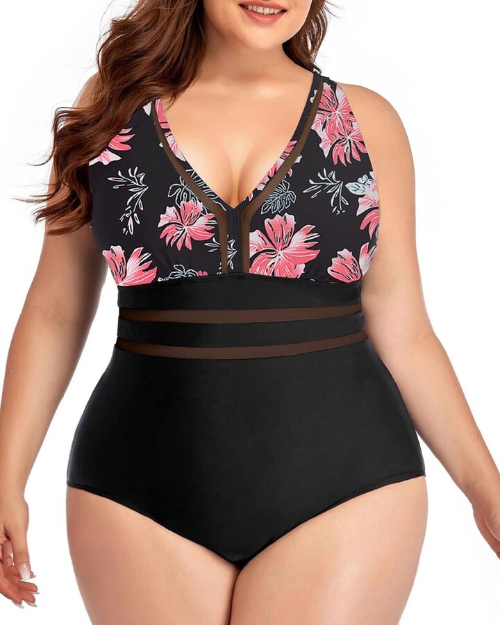Yutdeng Women Plus Size Swimsuit One Piece Vintage V Neck Mesh