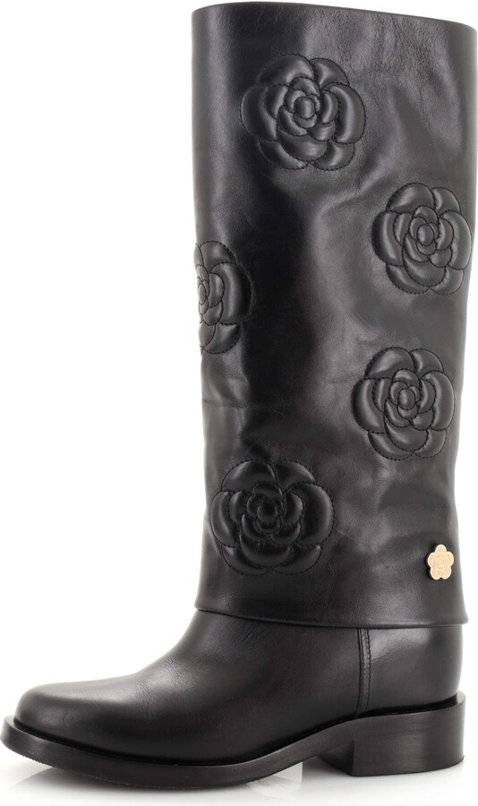 Chanel Women's CC Camellia Knee High Boots Stitched Calfskin - ShopStyle