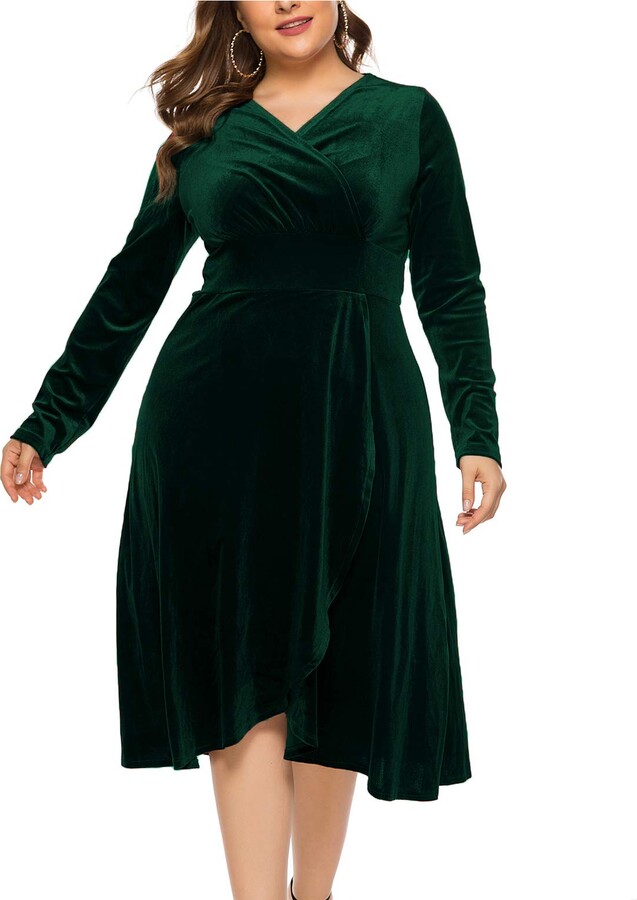 JMSUN Women Plus Size Autumn and Winter Long Sleeve Velvet Stretchy Tunic  Dress Green - ShopStyle