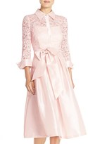 Thumbnail for your product : Eliza J Belted Lace & Taffeta Point Collar Midi Dress