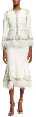 Jonathan Simkhai Collection Beaded Boucle Trumpet Skirt with Feather Hem, Ivory