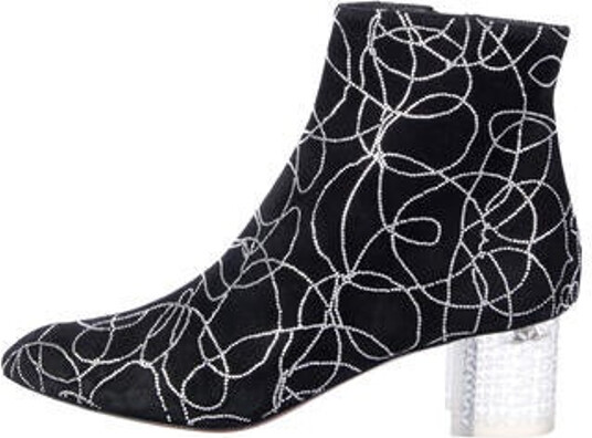 Alaia Suede Ankle Sock Boots Black Printed Semi-Pointed Toes with Beaded Accents Concealed Zip Closure at Sides Designer