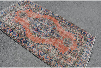 Bungalow Rose Vintage Turkish Oushak Rug: Handmade Antique Area Rug Ideal for Organic Interior Blue/Pink