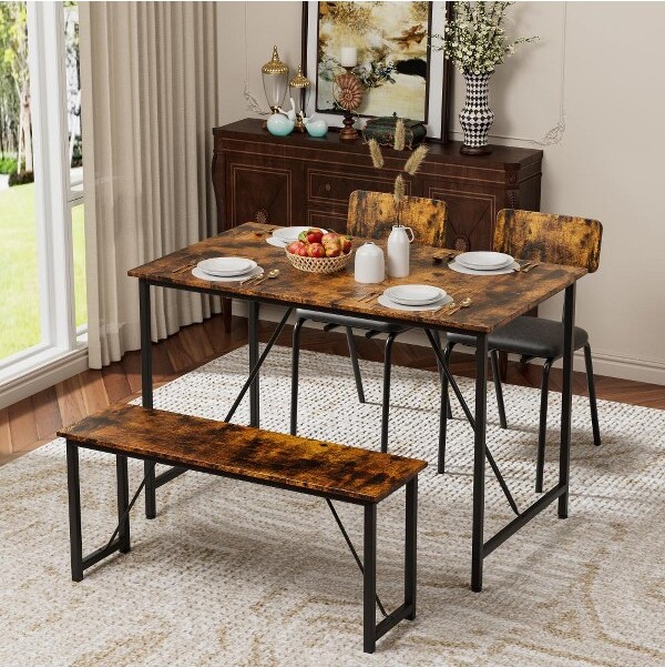 Gulches4-PieceDiningTableSetwithImitationMarbleTop1Table2FauxLeatherChairsand1BenchforHome/Kitchen/LivingRoom