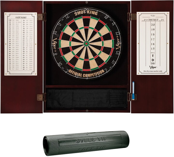 Viper Metropolitan Mahogany Steel Tip Dartboard Cabinet, Shot King Bristle Dartboard, and Vinyl Dart Mat
