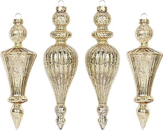 KI Store Mercury Glass Finial Champagne Gold Christmas Ornaments Set of 4 Large Hanging Christmas Finials for Christmas Tree Decoration Holiday Décor