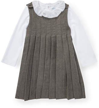 Ralph Lauren Childrenswear Pleated Jumper w/ Ruffle-Collar Bodysuit, Size 6-24 Months