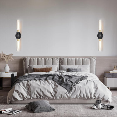 Latitude Run Modern Black Wall Sconce With Clear Glass Tube Dual-Light Vanity Lighting Fixture For Bathroom Bedroom And Living Room