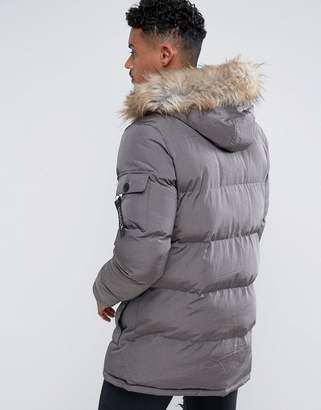 SikSilk Puffer Parka In Gray With Faux Fur Hood