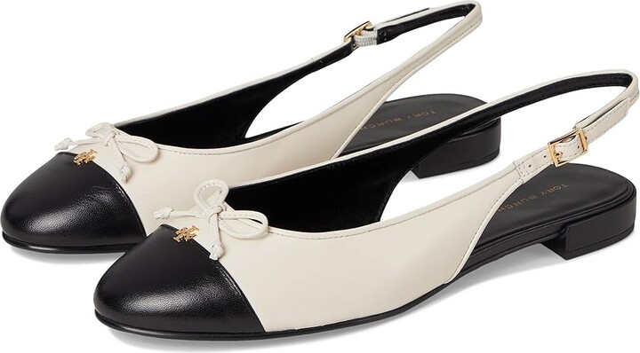 Tory Burch Cap-Toe Slingback Ballet Women's Flat Shoes Light Cream/Perfect Black : 6 M, Leather