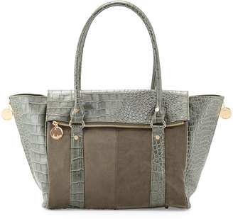 Neiman Marcus Faux-Suede & Croc-Embossed Wing Tote, Hunter