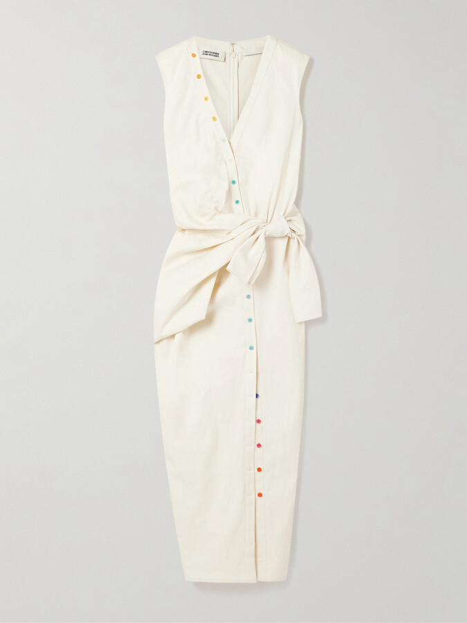 Christopher John Rogers Tie-front Button-embellished Washed Cotton-twill Midi Shirt Dress - Off-white