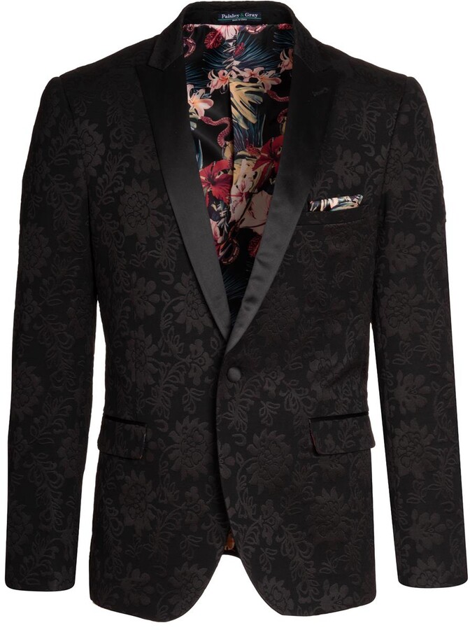 Paisley & Gray Men's Black Floral Grosvenor Peak Tuxedo Jacket ...