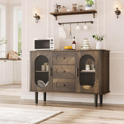 Ebern Designs Buffet Cabinet with Storage Fluted Glass Doors 3 Drawers Credenza Storage Cabinet