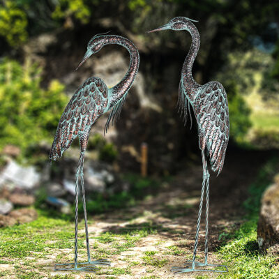 Bungalow Rose Garden Crane Statues Standing Metal Patina Heron Decoy Outdoor Statue 42-46 Inch Bird Yard Art For Patio Lawn Pond Set Of 2