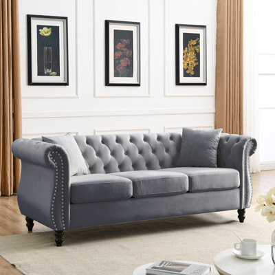 Chesterfield Grey Velvet Living Room Sofa - 3-Seater Tufted Couch
