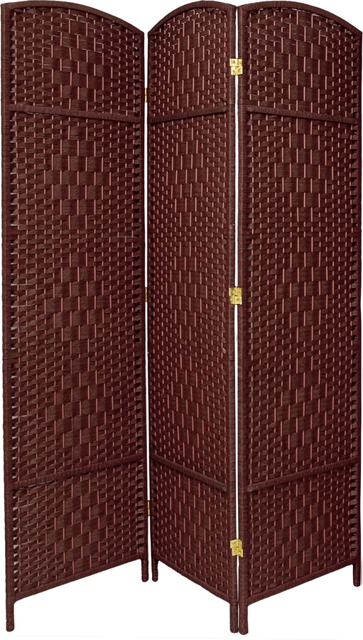 Oriental Furniture 7 ft. Tall Faux Rattan Fiber Diamond Weave Privacy Screen Room Divider - Dark Red - 3 Panels