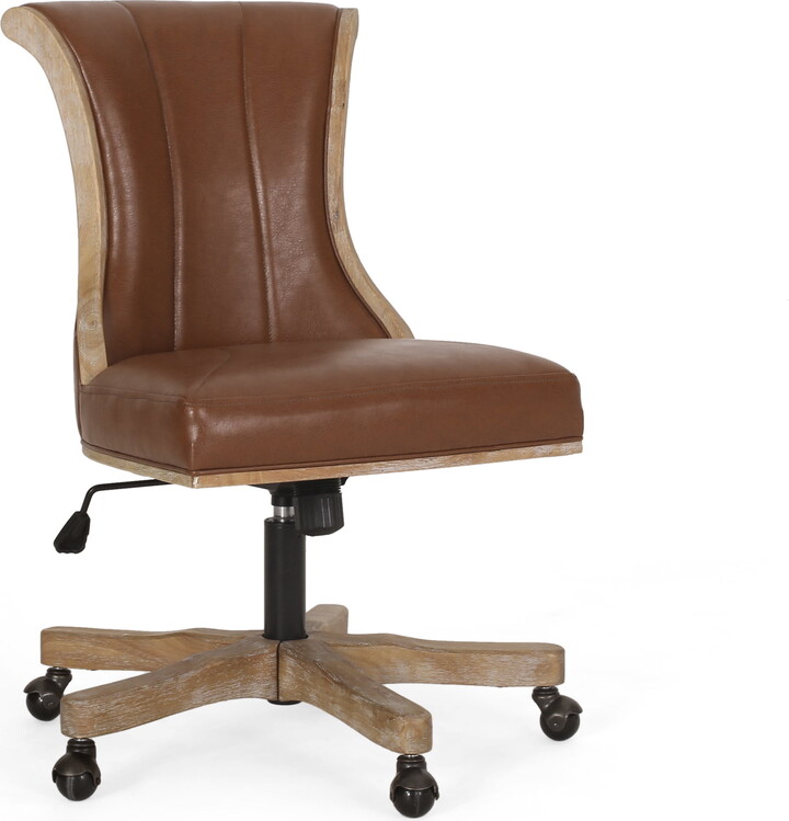 Ember Interiors Ashlyn Upholstered Roll Back Swivel Office Chair, Cognac Brown and Natural